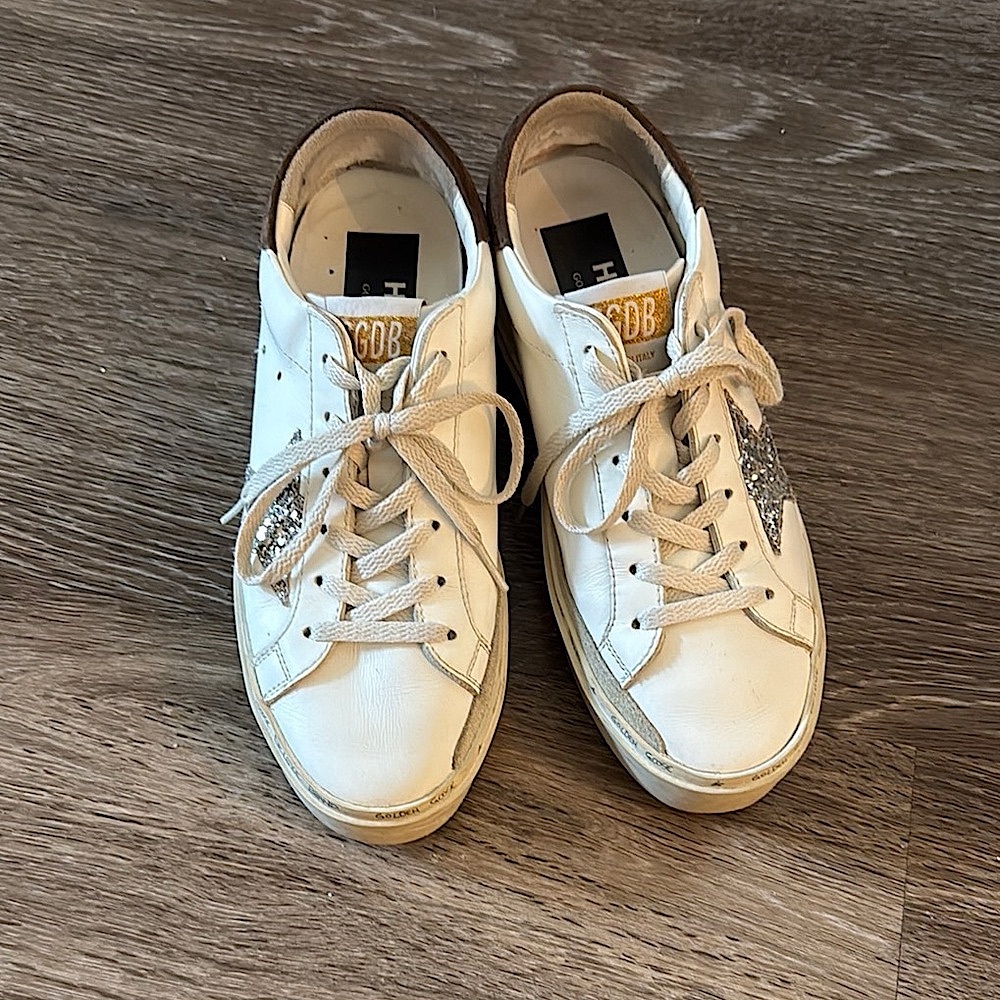 Golden Goose Hi Star White Sneakers with Glitter Star